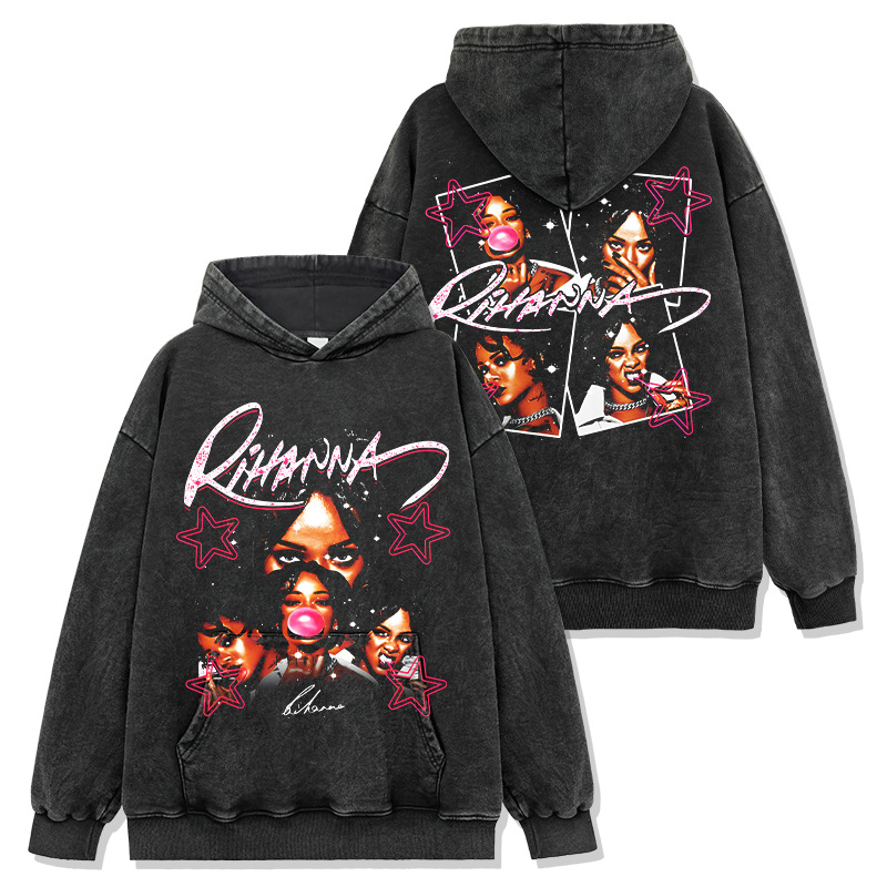 Cross-border American Rihanna Printed Short Sleeve T-shirt Washed Long Sleeve Loose Hoodie Sweatshirt Men's Casual
