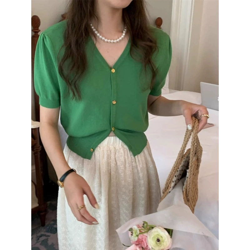 Французский короткий топ с v-образным вырезом, летний кардиган с рукавами-фонариками, тонкий женский шикарный утягивающий кардиган, зеленый ледяной шелк, вязаный с короткими рукавами
