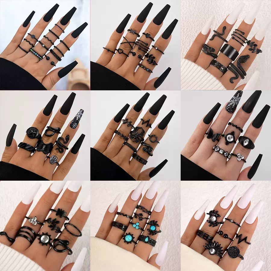 欧美跨境饰品个性创意爱心黑色宝石戒指 喷漆螺旋叠戴戒指套装