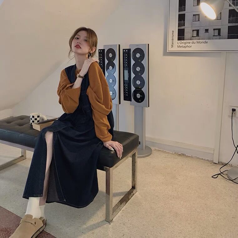 /牛仔V领背心连衣裙秋冬款大码胖mm宽松遮肉显瘦中长款套装裙|undefined