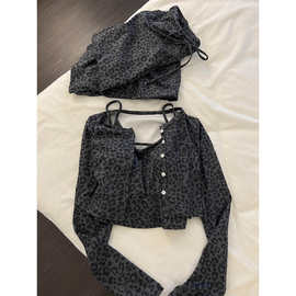纯欲辣妹豹纹睡衣女春秋季新款大码长袖三件套简约休闲家居服套装