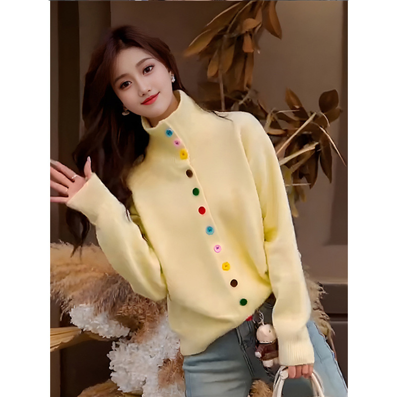 Super Nice Colorfulful Buttoned Turtleneck Knitted Cardigan for Women 2025 Spring New Style Fashionable Age-Reducing Long-Sleeved Top