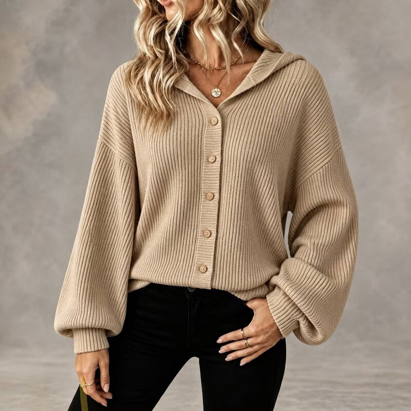 Cross-Border European and American Autumn and Winter Popular Women's Hooded Knitted Cardigan Loose Drop-Shoulder Sleeve Button Corduroy Jacket for Women