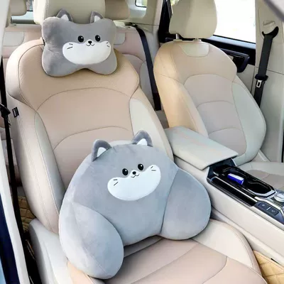 Headrest, Neck Pillow, Seat – Headrest - gray-cute-cat-headrest-lumbar-support-set