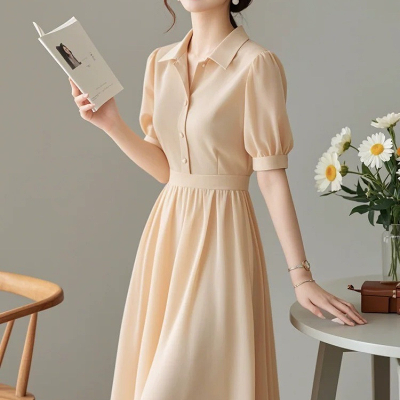 New Light Luxury High-End Petite French Style Solid Color Slimming Waist Dress Women's Summer Clothing