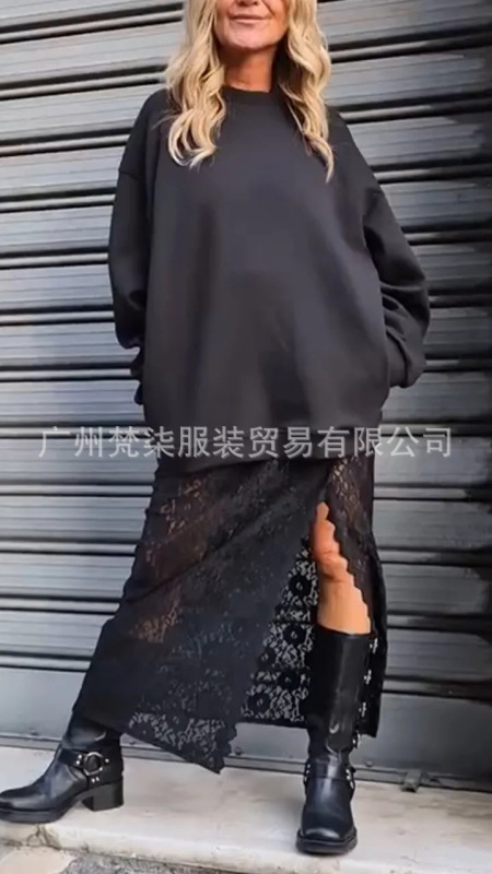 欧美跨境亚马逊2025爆款蕾丝镂空吊带连衣裙纯色卫衣休闲两件套|undefined