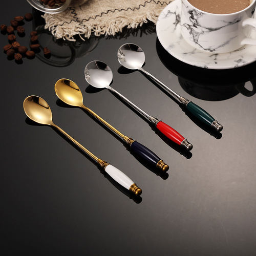 304 stainless steel coffee spoon ins creative internet celebrity European tempered ceramic handle titanium plated coffee stirring dessert spoon