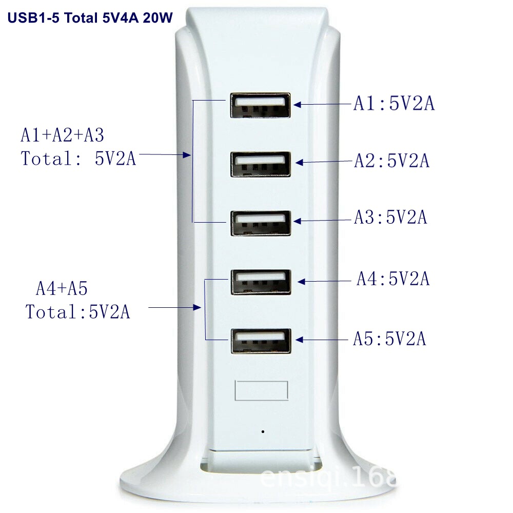 Cargador USB vertical de escritorio, 5 puertos, 5V4A 20W, cargador multipuerto de fábrica al por mayor
