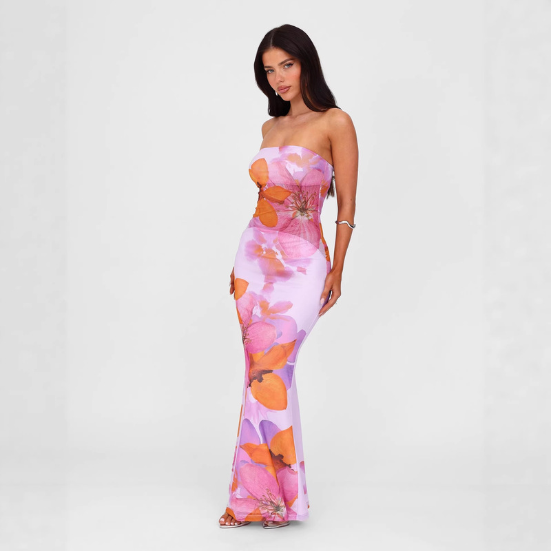 2026 New European and American Style Cross-Border Strapless See-Through Mesh Printed Waist-Cinching Bodycon Long Dress