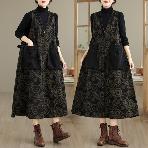 Women's Casual Washed Denim Print Belted Dress - New Arrival