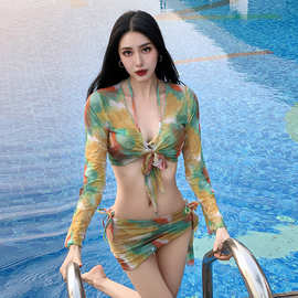 气质女神简约气质显瘦防晒长袖罩衫四件套裙款比基尼Bikini泳衣女