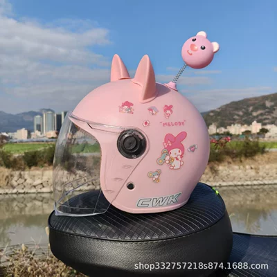 Motosiklet kaskı (dəbilqə) Winter Half Helmet Electric Vehicle Safety - peach-pink-melody-hd-long-mirror-pink-cat-ears-pink-li-fall-and-winter-helmet-for-children-aged-1-5-years-old