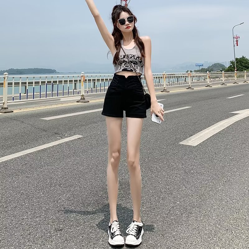 Hot Girl High Waist Belly Tucking Wide Leg Denim Shorts Girl's Summer All-match Hip-lifting Loose Single-breasted Straight Trendy Hot Pants