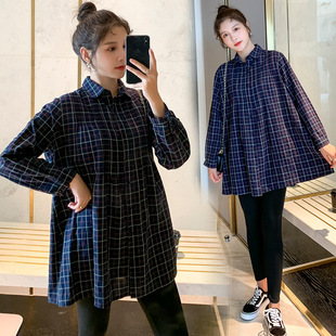 Pregnant women's clothing 2025 spring and autumn new plaid shirt fashion pregnant mother all-match dress