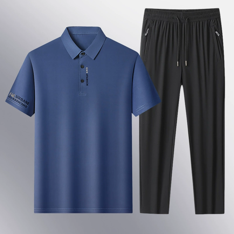 Летняя рубашка-поло из ледяного шелка и брюки, костюм среднего и пожилого возраста, мужской деловой повседневный дышащий быстросохнущий костюм из двух предметов, костюм для папы