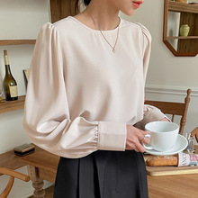 韩国外单日本乐天日系韩版春秋冬宽松长袖圆领雪纺衫上衣打底衫