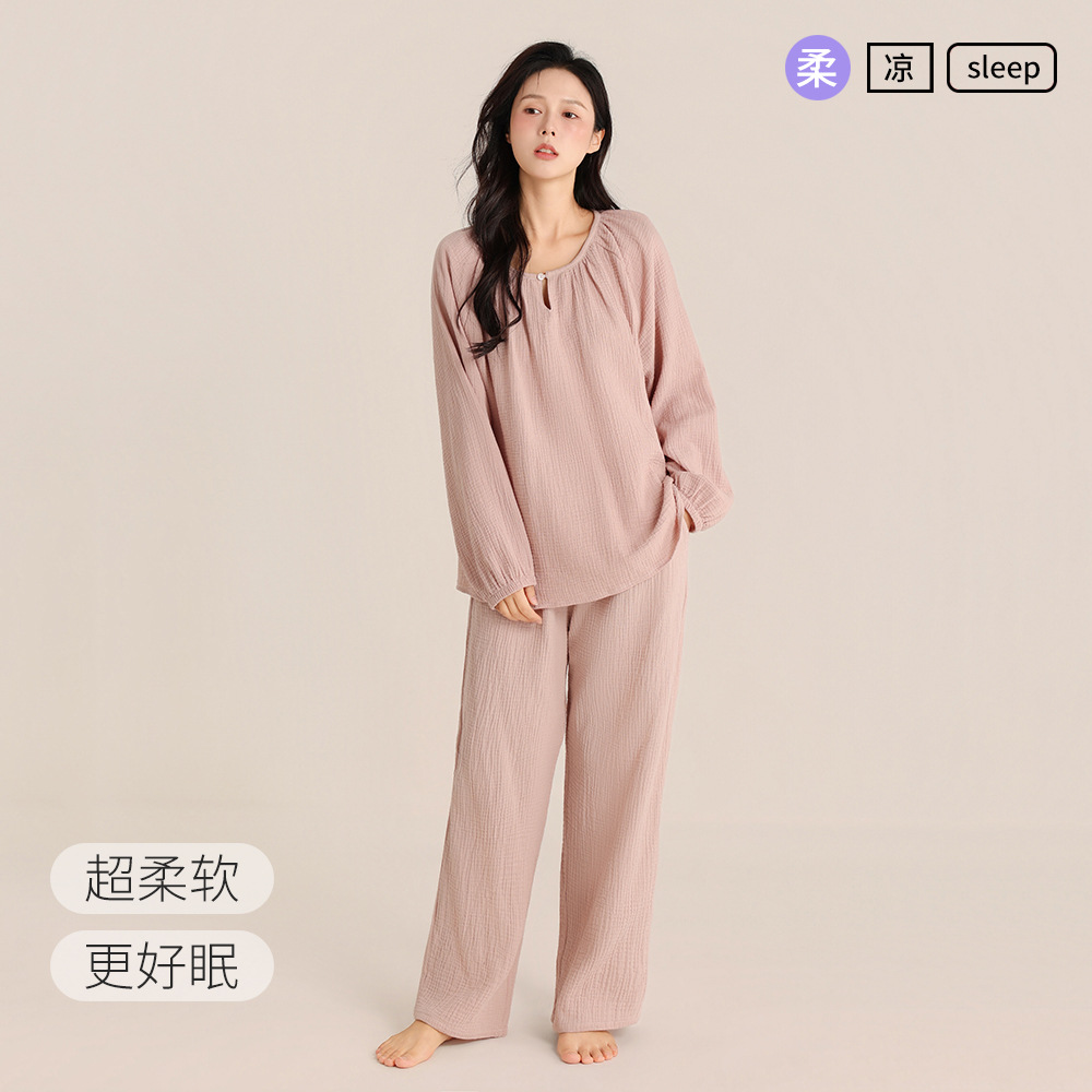 Bahor-yoz ayollar qora qavatli gazli paxta pijama qulay to'plami