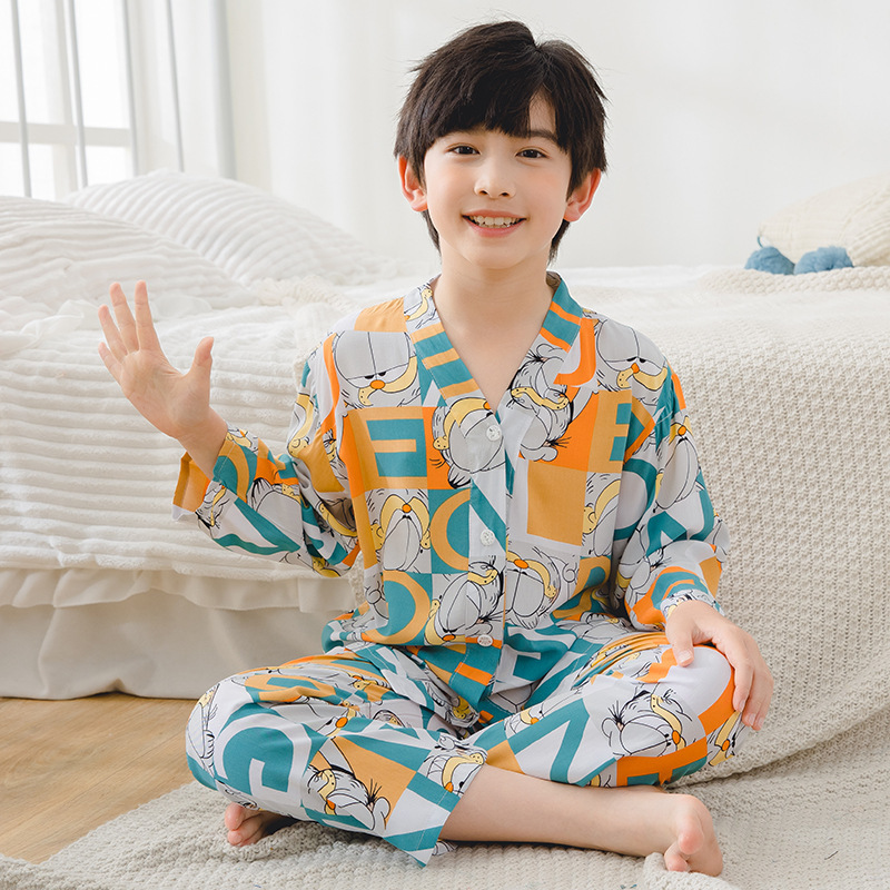 棉绸睡衣儿童家居服空调服V领长袖男童女童宝宝夏季服装童装
