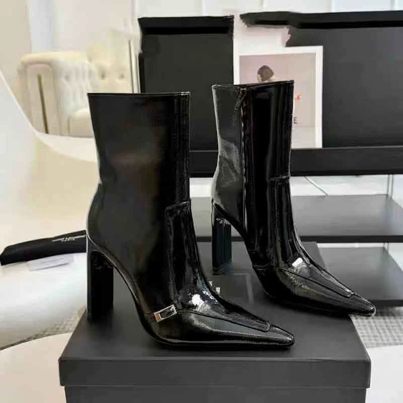 24, осенне-зимний новый стиль Ян Шилина того же стиля, острый носок, толстый каблук, боковая молния, высокий каблук, модные одиночные ботинки из лакированной кожи, тонкие сапоги, элегантные