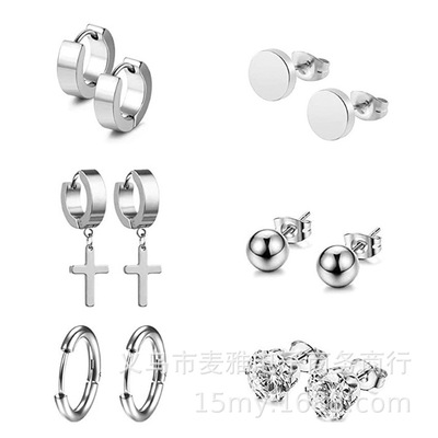 亚马逊不锈钢十字架耳环耳钉套装欧美嘻哈饰品杠铃锆石耳扣耳针|ru