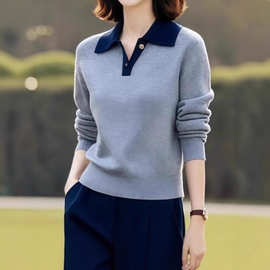 春秋季新款纯色翻领针织套头衫气质温柔设计时尚百搭毛衣女