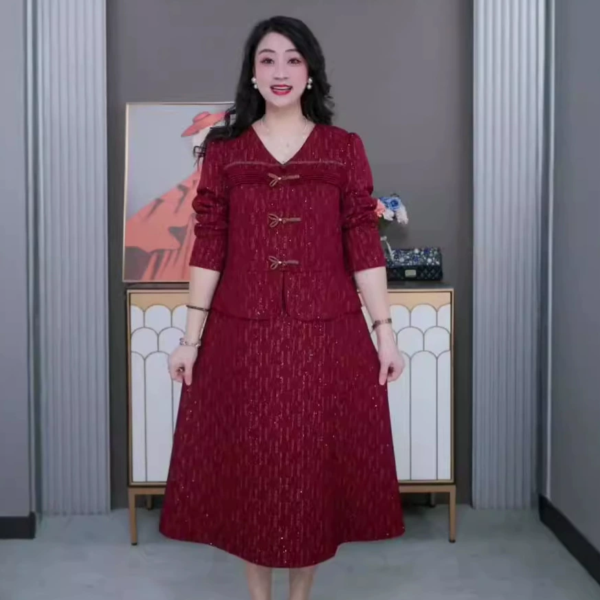 Осень и зима легкая роскошь, тяжелая промышленность, улучшенная чонсам, пряжка, большой размер, свободная поддельная юбка из двух частей, мама средних лет