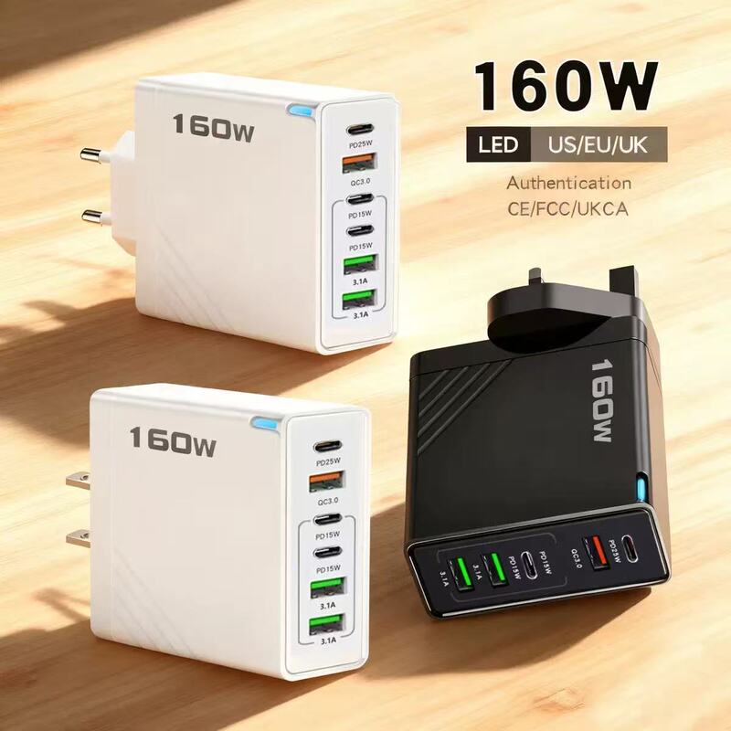 160W Multi-Port Pd Fast Charging Charger 3Usb+3Type-C European, American and British Standard Suitable for Apple Huawei Xiaomi Plug