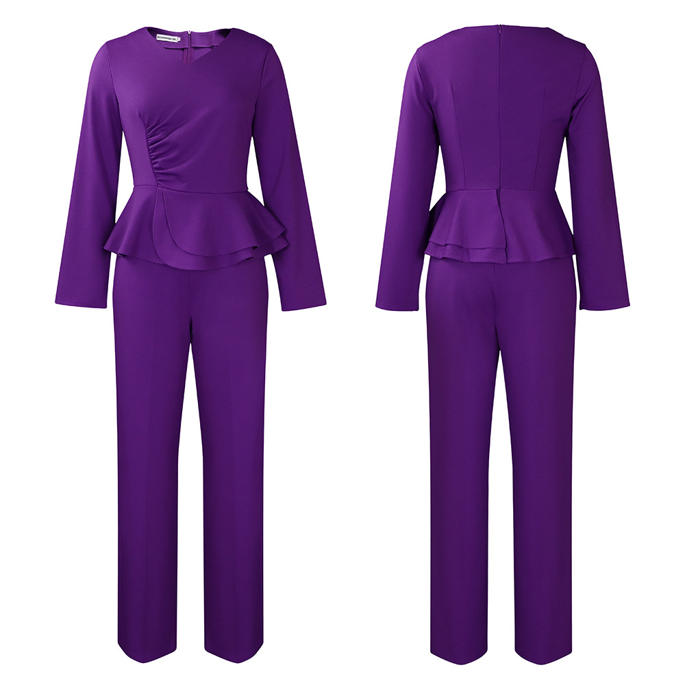 Autumn and winter women's new long-sleeved elegant temperament OL ruffled V-neck tops and pants two-piece set_voghion.com