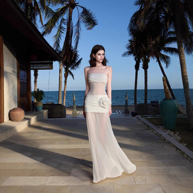 Seaside Resort Style See-Through Mesh Tube Top Skirt with Slim Design and Long Skirt, Beautiful Skirt for Travel and Photo Taking