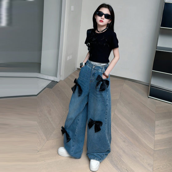 Orange Tiger Girl's suit 2024 Summer New Style Zhongdai Children's Hong Kong Style Retro Black Three-dimensional Bow Jeans