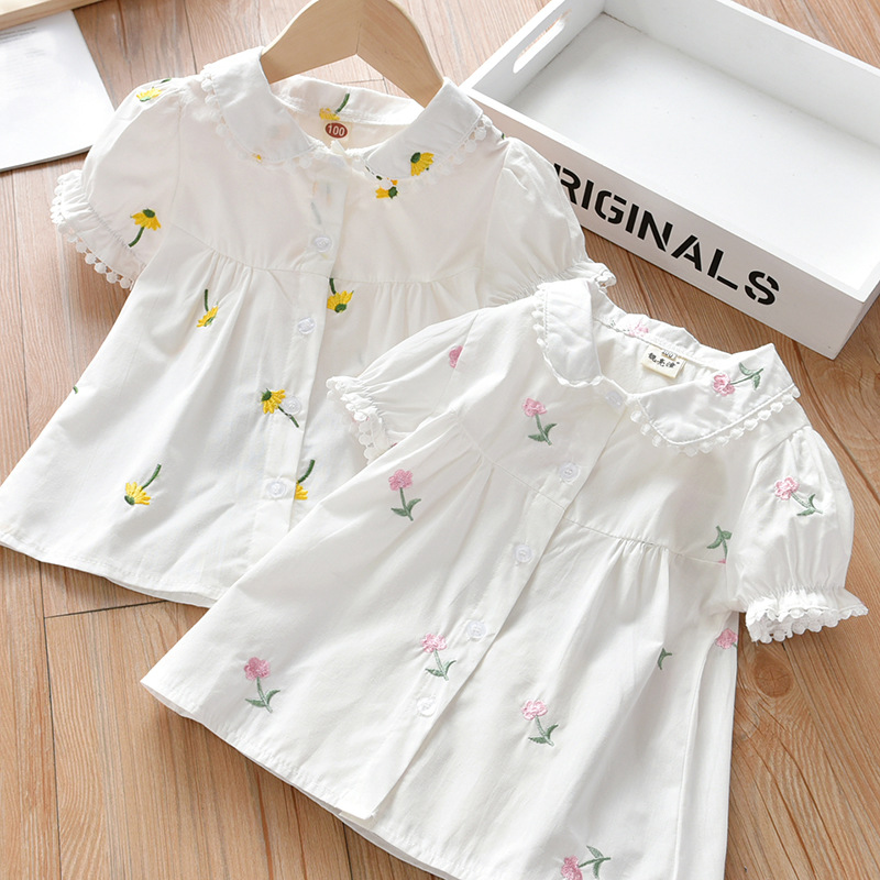 Camisa de manga corta para niñas 2023 Verano nuevo estilo coreano camisa blanca camisa de flores de moda para niñas moda para niños