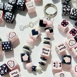 【黑粉系列】亚克力烤漆印花方块串珠diy手机连钥匙扣包挂件材料