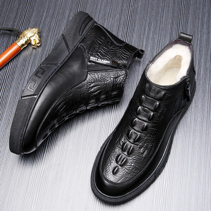 22 Invierno primera capa de piel de vaca cocodrilo patrón de lana de algodón de los hombres zapatos de los hombres de cuero caliente forrado de lana zapatos de los hombres zapatos de cuero papá de los hombres