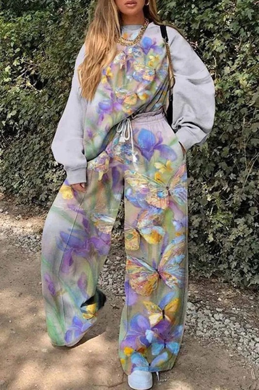 欧美跨境秋冬新款3D印花时尚圆领卫衣运动衫休闲套装女阔腿裤拼色|undefined