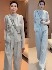 小香风套装女2025春秋新款超火韩剧时尚穿搭气质感马甲长裤三件套