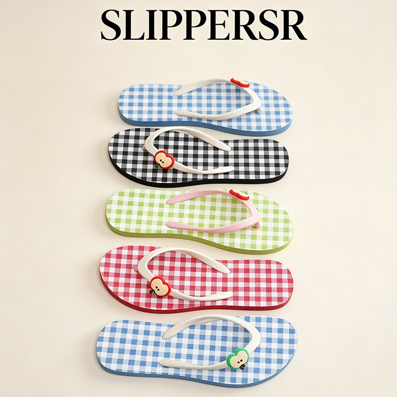2026 New Women's Summer Beach Vacation Cute Flip-Flops with Contrasting Color Plaid and Red Apple Design 2026 New Women's Summer Beach Vacation Cute Flip-Flops with Contrasting Color Plaid and Red Apple Design