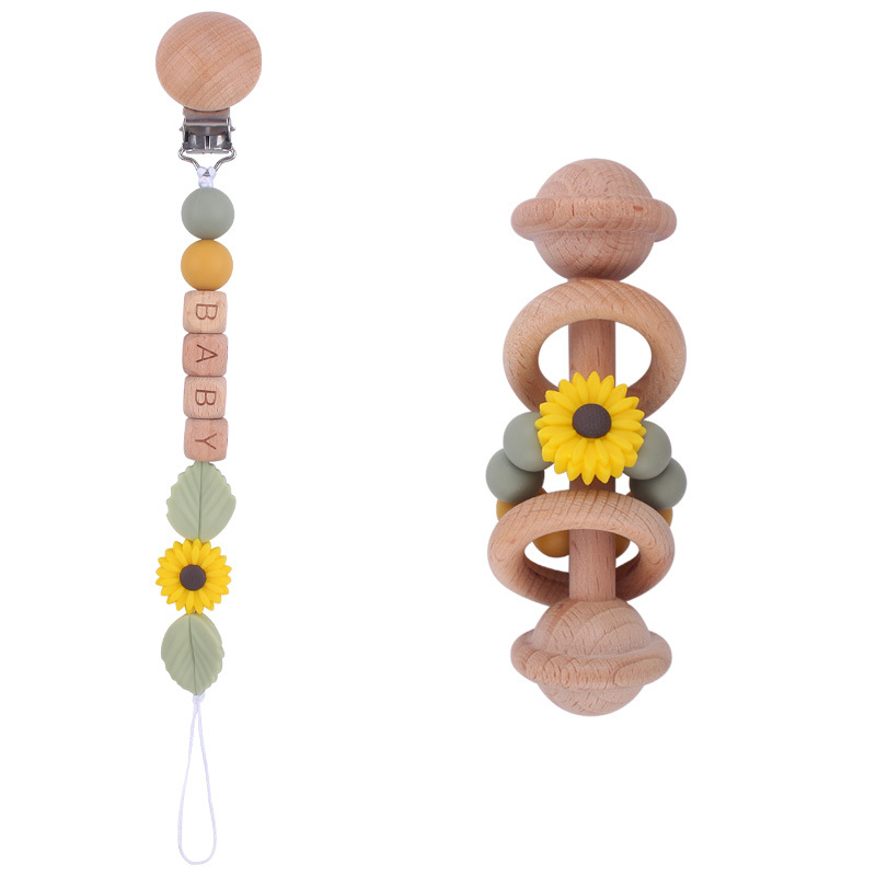 New Beech juguete para niños sonajero mordedor calmante bebé DIY Daisy cuentas de silicona Cadena de pezón conjunto de dos piezas