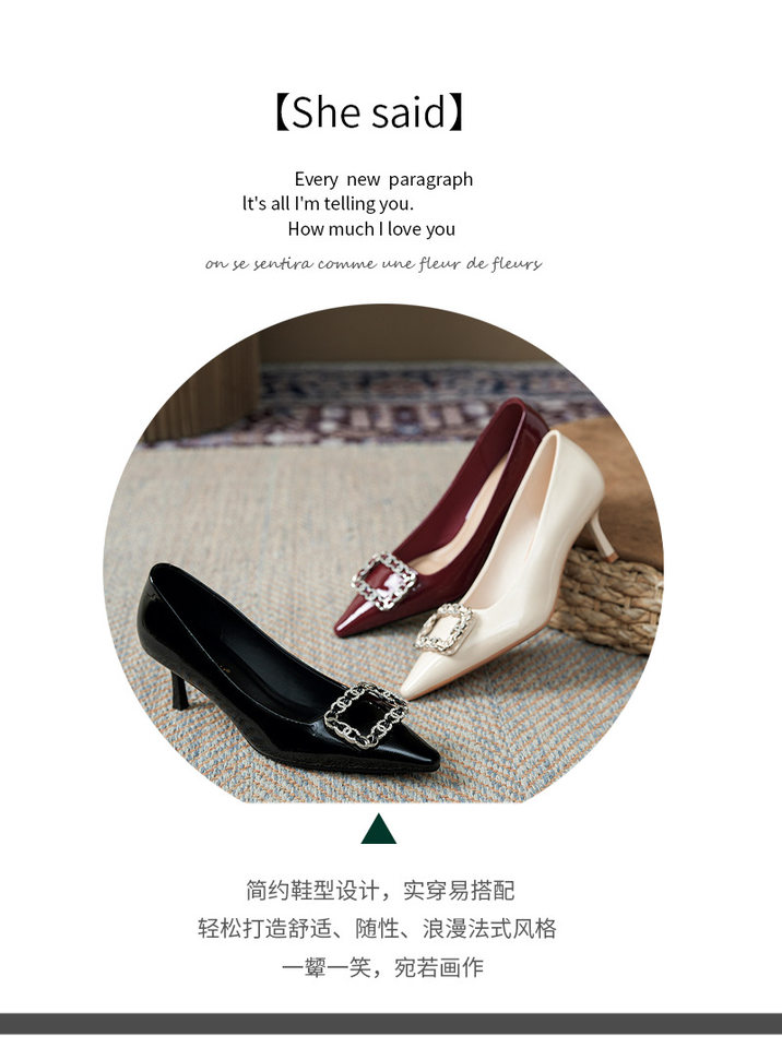 Giày cao gót nữ mũi nhọn gót mảnh khóa vuông đính đá, giày cưới phù dâu, gót 6–8 cm — Màu trắng ngà, Màu đỏ rượu, màu đen chi tiết 3