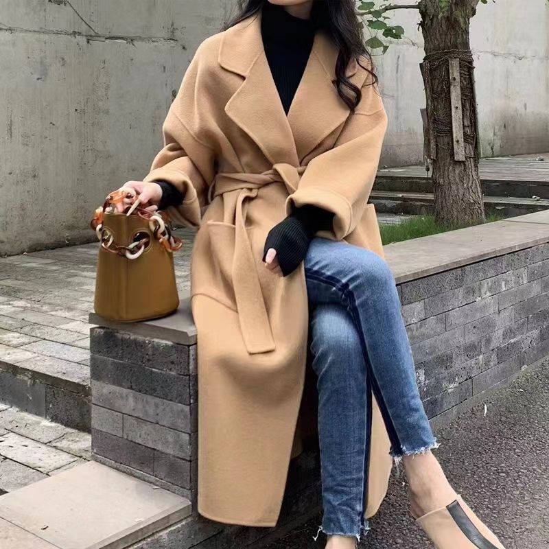 双面羊绒大衣女中长款宽松韩国手工系带羊毛大衣加厚毛呢外套|undefined