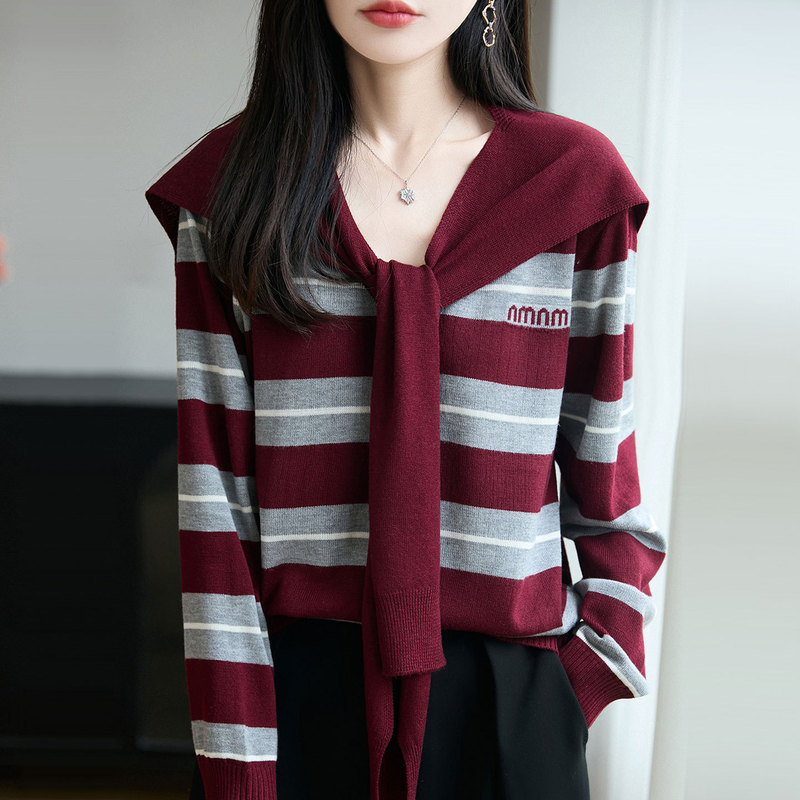 春秋季2025年新款条纹披肩针织开衫女V 领宽松短款毛衣上衣外搭潮|undefined