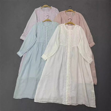 日系清新森女精致镂空蕾丝苎麻宽松连衣裙女优雅温柔没有内衬长裙