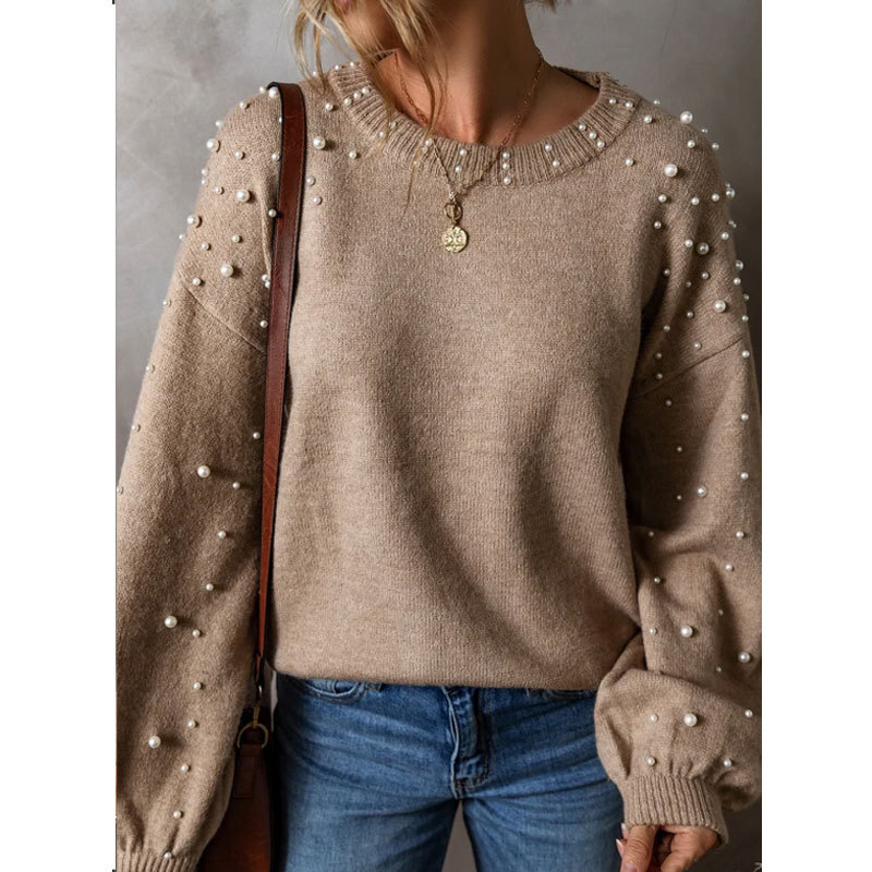 Women's Clothing autumn and winter new women's sweater loose beaded round neck pullover long sleeved knitted sweater_voghion.com