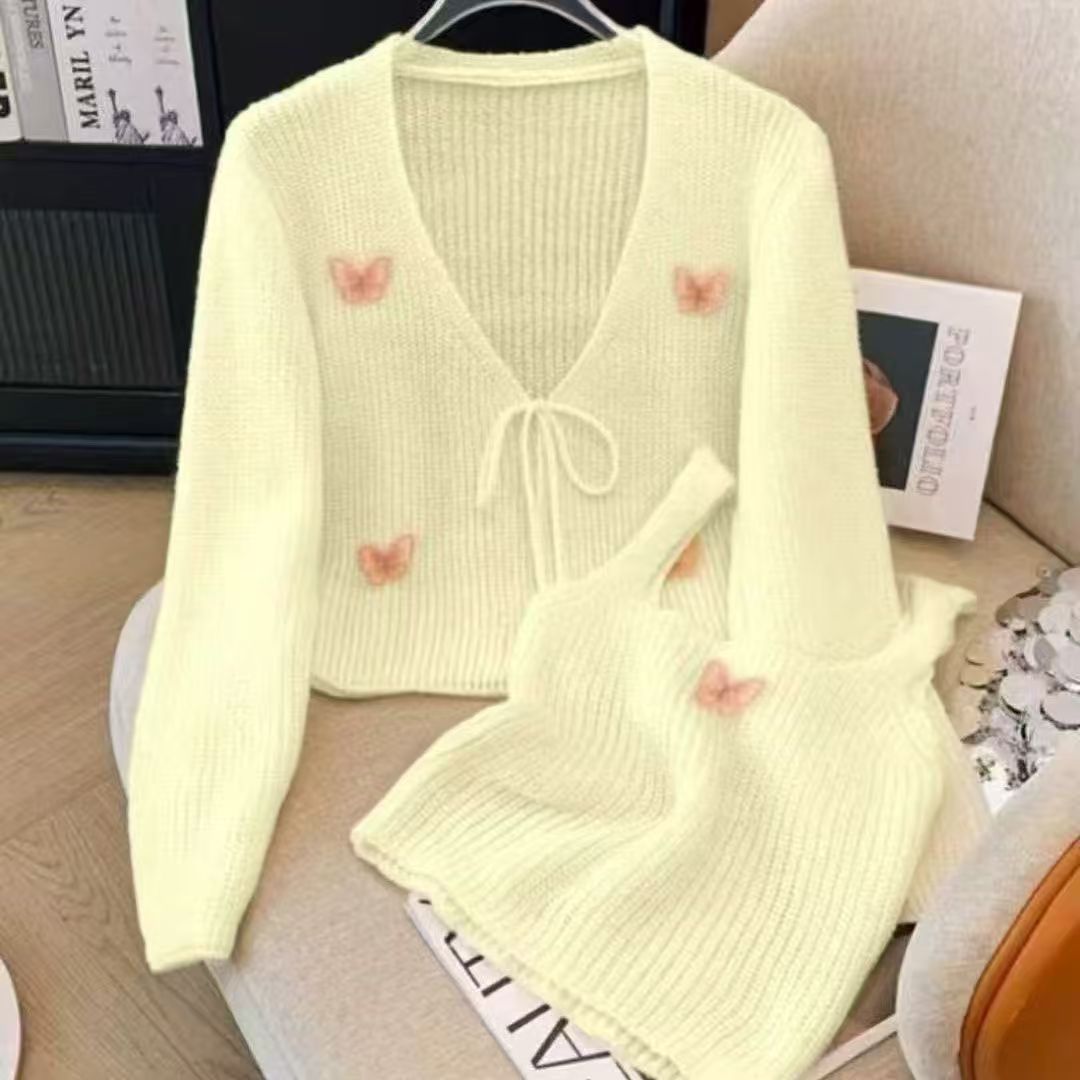 法式立体蝴蝶拼接V领系带开衫女春秋新款吊带毛衣针织背心两件套