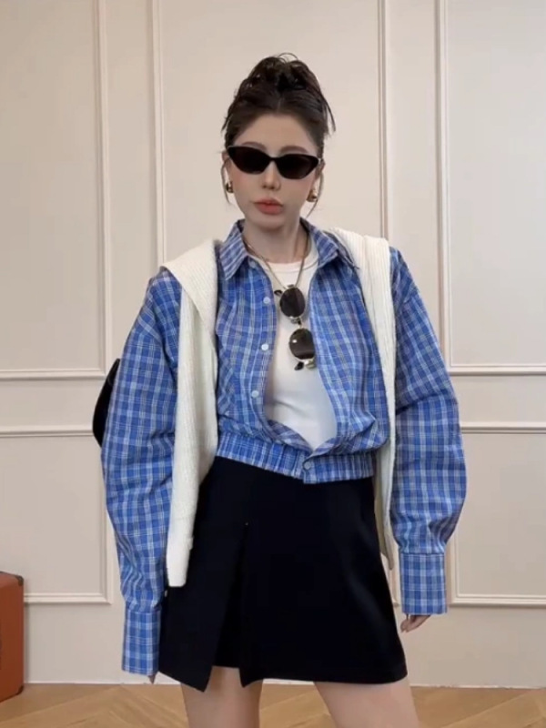 肯豆风韩版格子衬衫女秋季新款收腰显瘦小众长袖衬衣宽松短款上衣|undefined