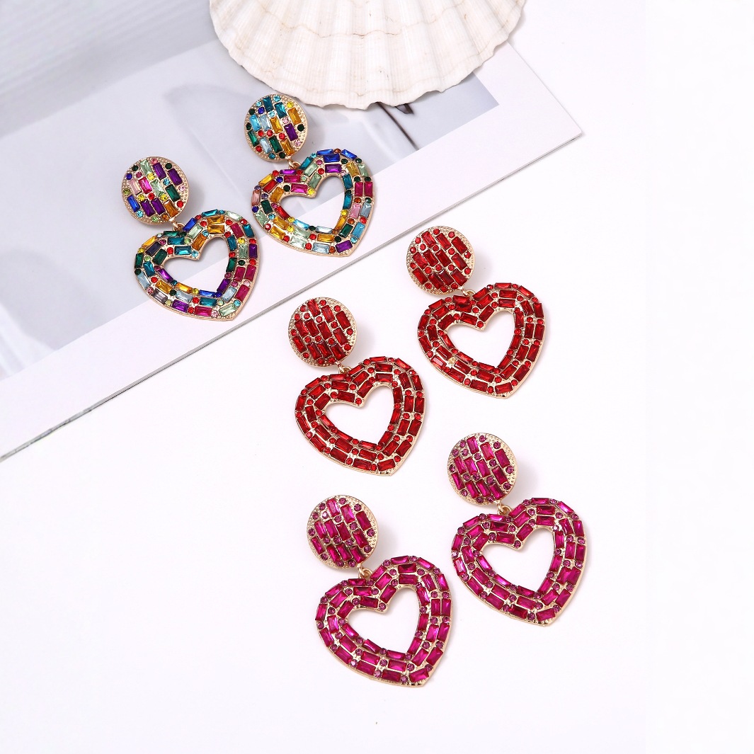 European and American Luxury Fashion Drop-Shaped Hollow Diamond-Encrusted Colorful Pendant Earrings High-End Carnival Earrings Cross-Border Women