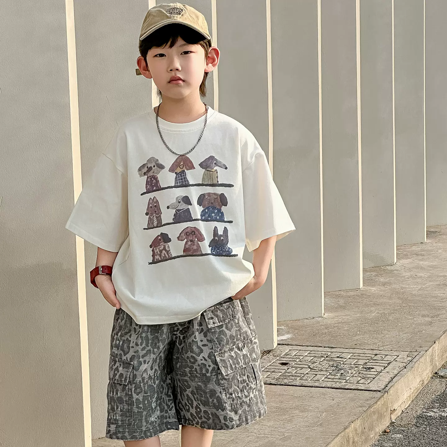 男童夏季套装儿童夏款韩版2025新款卡通短袖潮酷工装豹纹中裤童装