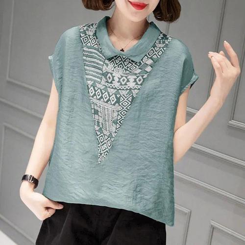 Baby Collar Short Sleeve Cotton Linen Shirt Summer Loose Fitting Slimming Splicing Plus Size Women's Blouse Print Stomach Covering Top Thin