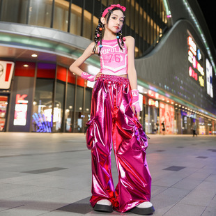 Jazz Dance Girls' Fashion Clothing Baby Girl Summer Sweet Cool Dopamine Short-sleeved Bright Leather Trousers suit Jazz Show Clothing