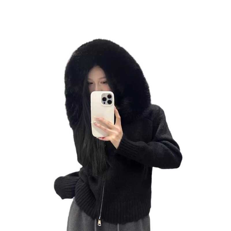 2025韩系秋冬复古毛领连帽拉链针织开衫女宽松通勤百搭长袖外套潮|undefined