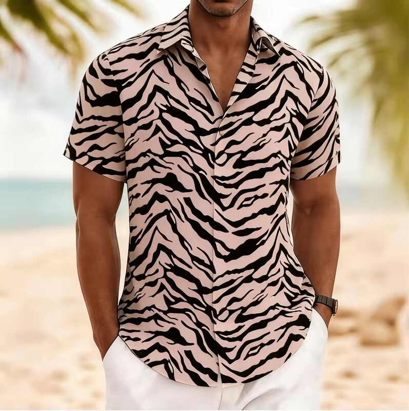 Men's tiger stripe retro-style short-sleeve shirt, avant-garde casual vacation shirt for spring and summer, loose and casual Men's tiger stripe retro-style short-sleeve shirt, avant-garde casual vacation shirt for spring and summer, loose and casual